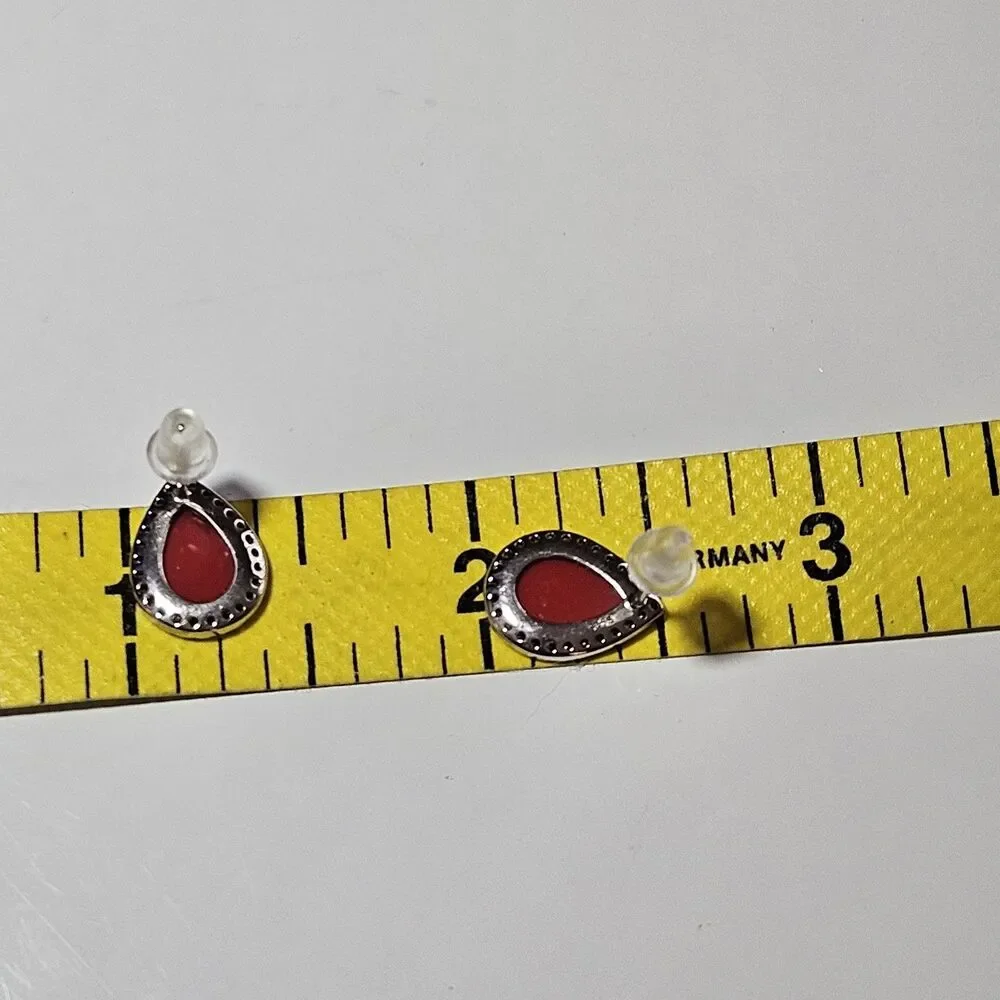 Sterling Silver With Red Teardrop Shaped Rhinestone Accent Dainty Earrings